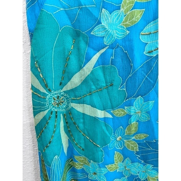 VINTAGE MAGGY LONDON TEAL BLUE FLORAL SLEEVELESS ASYMMETRICAL LAYERED DRESS 12 - Picture 5 of 10